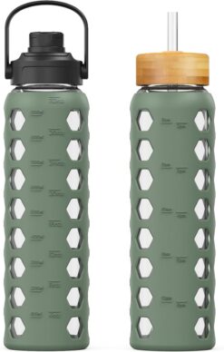 Mukoko 32oz Glass Water Bottle w. 2 Lids